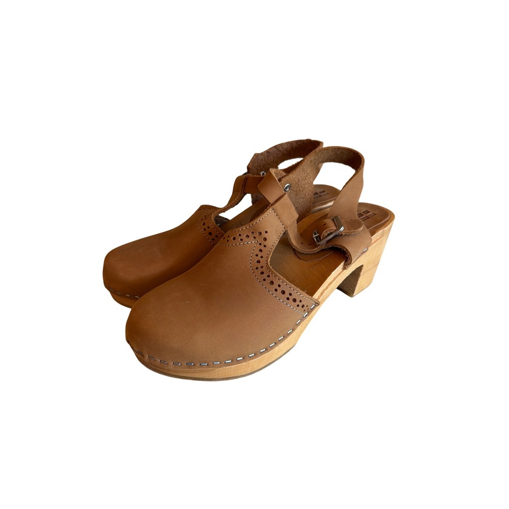 Bjork Clog Sandals Tan Leather T-Strap Swedish Comfort Wood Block Heel - Picture 1 of 7